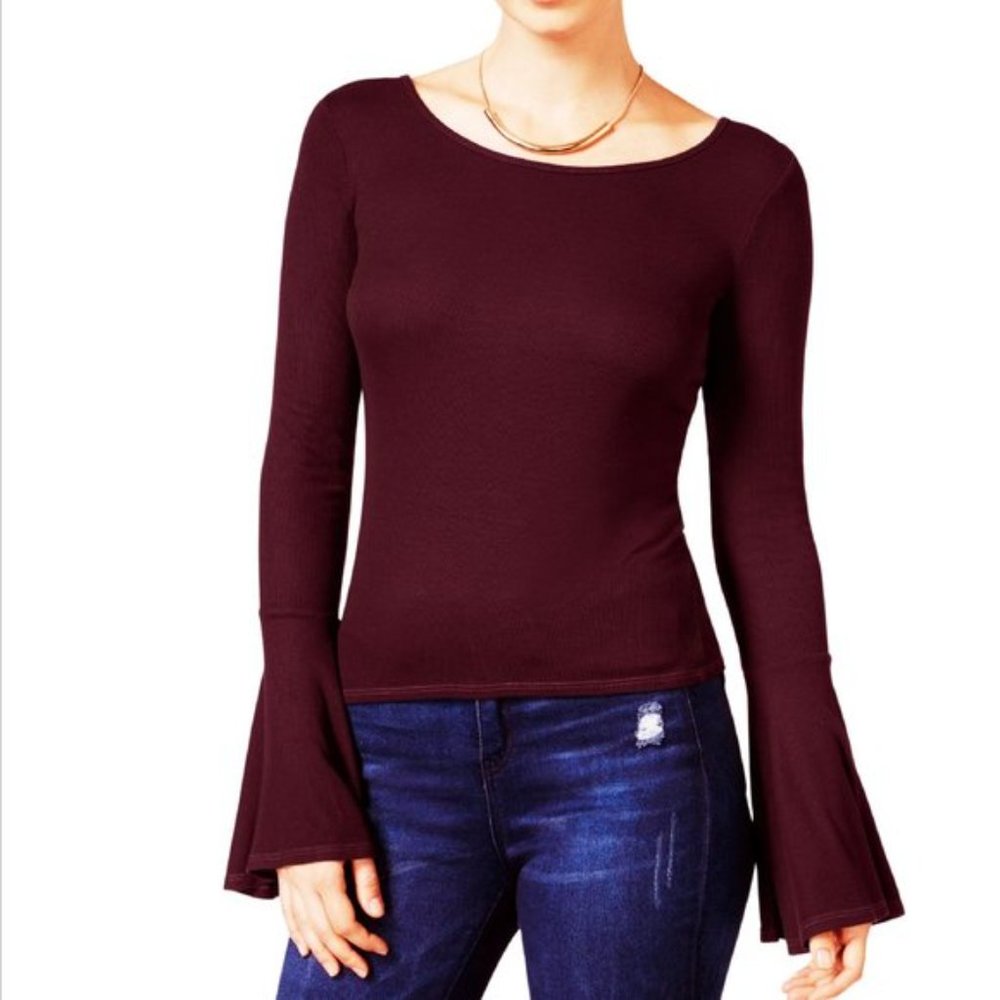 Chelsea Sky Top Ribbed Bell-Sleeve Scoop Back Cut Out Stretch Women's XL NEW